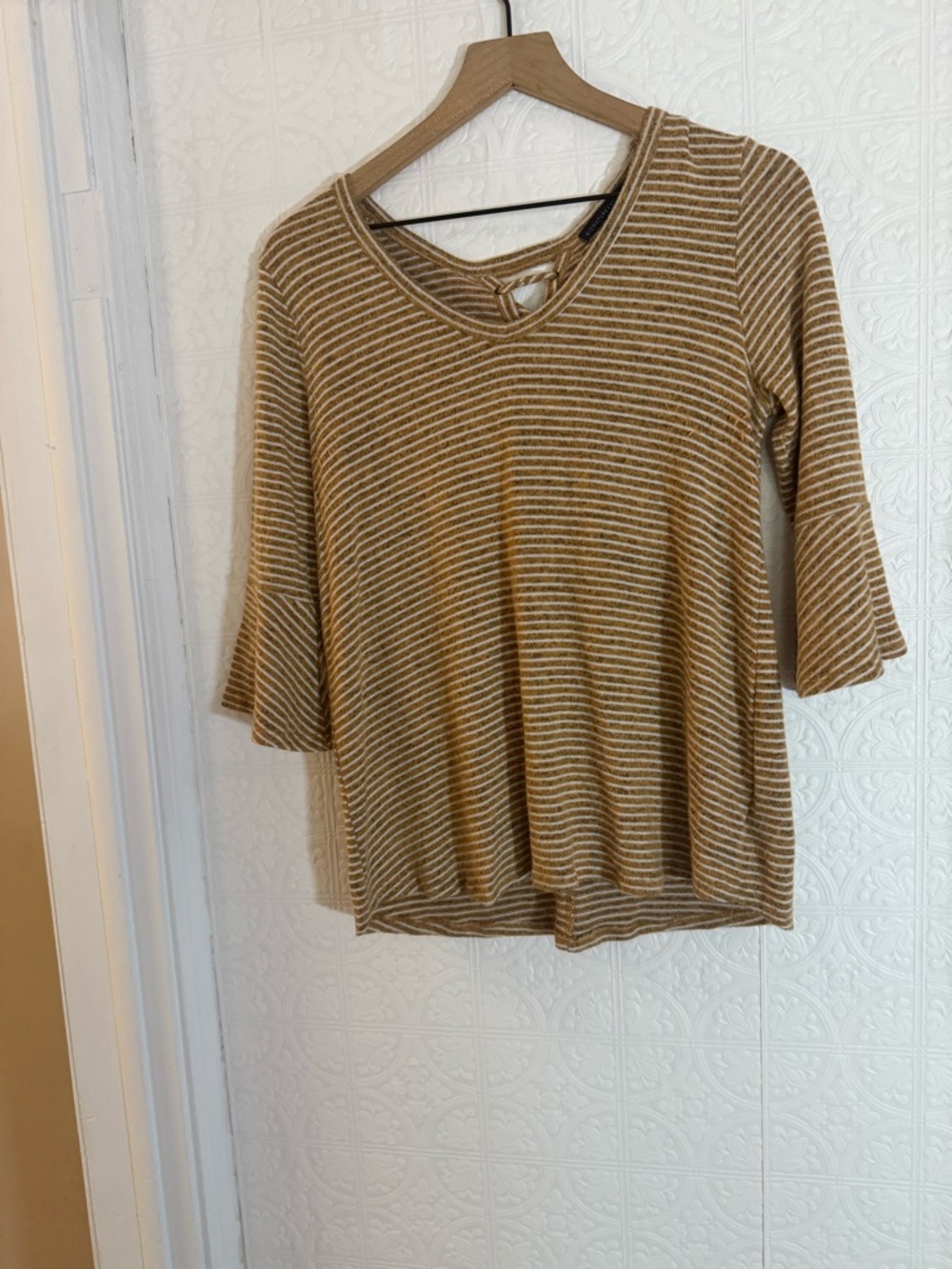 Signature Studio Mustard and White Striped V-Neck Bell Sleeve Top